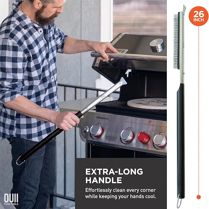 26'' Pizza Oven Brush with Stone Scraper - Includes 2 Brush Heads, Heat-Resistant Silver Stainless Steel Bristles - Long Grip Handle, Compatible with Ooni, Gozney, Blackstone, Solo Stove Ovens