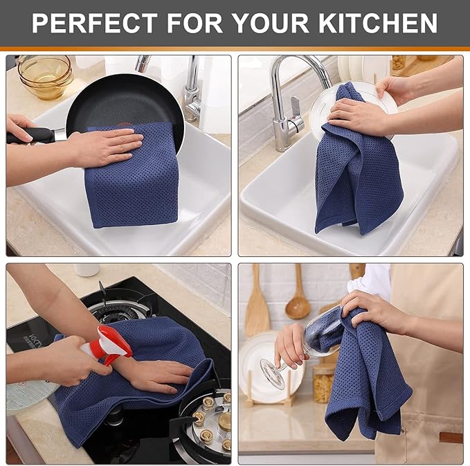 Kitinjoy 100% Cotton Waffle Weave Kitchen Hand Towels (13 X 28 Inches, Navy Blue), 12-Pack Super Soft and Absorbent Dish Towel for Drying Dishes