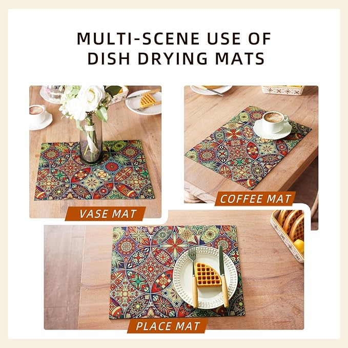 Dish Drying Mat Bohemian Absorbent Coffee Mat Rubber Backed Paisley Moroccan Soft Silicone Kitchen Dish Draining Mat for Kitchen Bathroom Coffee Bar (Red Green, 12 x 16 Inches)