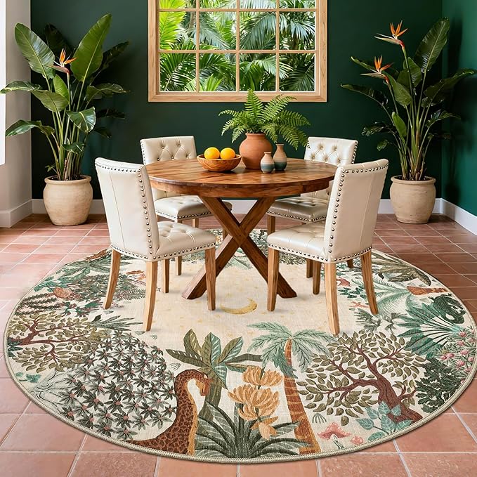GarveeHome Round Area Rugs 5ft for Bedroom, Beige Jungle Washable Circle Rug Soft Non Slip Forest Animal Print Floor Mat Tiger Carpet Indoor Thin Rug for Kids Room Dining Room Playroom Nursery