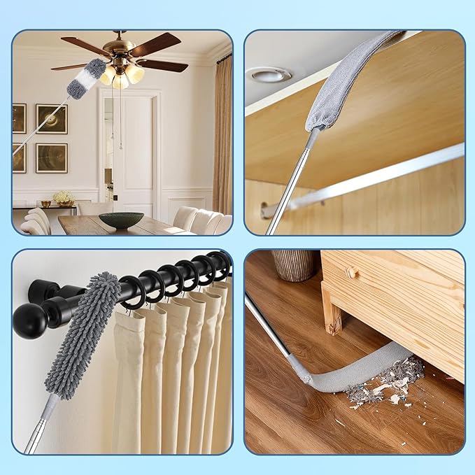 Microfiber Duster with Extension Pole 27-80 Inch, 4PCS Bendable Washable Duster Set, Stainless Steel Telescopic Handle for Ceiling Fan, High Ceiling, Under Sofa, Bed, Appliances & Blinds