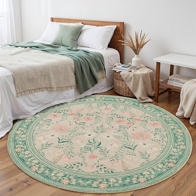 4ft Floral Round Rug, Washable Circle Rug, Green Boho Round Area Rug, Non Slip Low Pile Carpet for Living Room,Bedroom,Entryway,Dining Room,Girls Room,Office and Nursery(Sage Green 4ft)