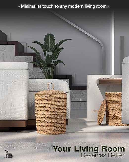 BLUEWEST 4.5 Gallons Wicker Trash Can with Lid, Handwoven Rattan Trash Can, Woven Decorative Wastebasket, Wicker Waste Basket with Removable Plastic Inner Bin for Bathroom, Bedroom, Office, or Kitchen
