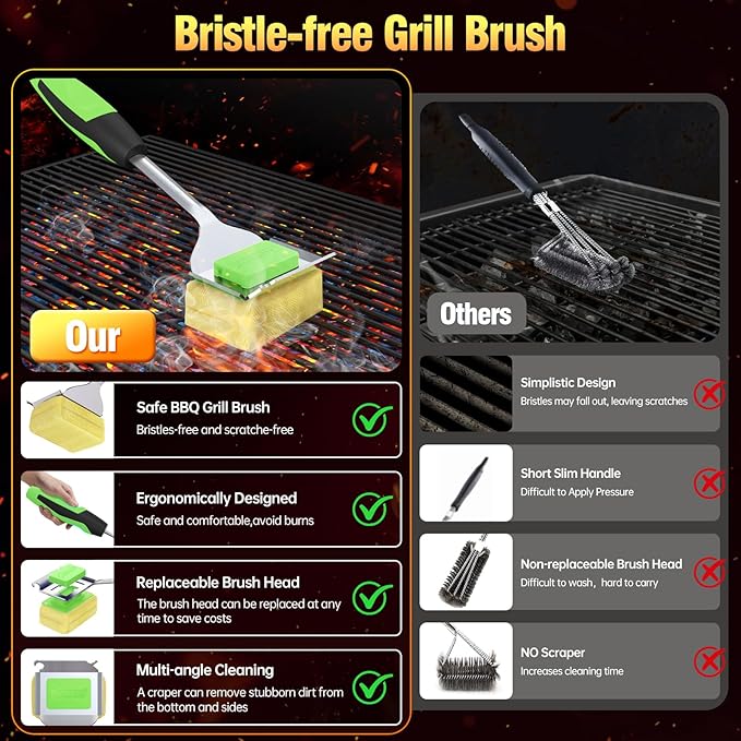 Grill Brush Bristle Free for Outdoor Grill, Steam Grill Cleaning Brush Replaceable BBQ Cleaner Brush Head,Extended Handle, Safe Grill Brush with Scraper for Cast Iron Stainless-Steel Grates
