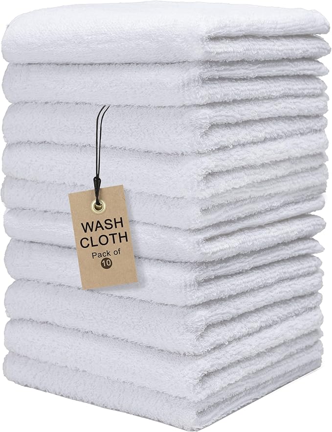 Textila Terry Wash Cloths – Pack of 10, White, 12x12 Inches – Soft, Absorbent & Multipurpose Cotton Washcloths for Face, Hand, Bath, Kitchen, Spa, Gym & Hotel Use