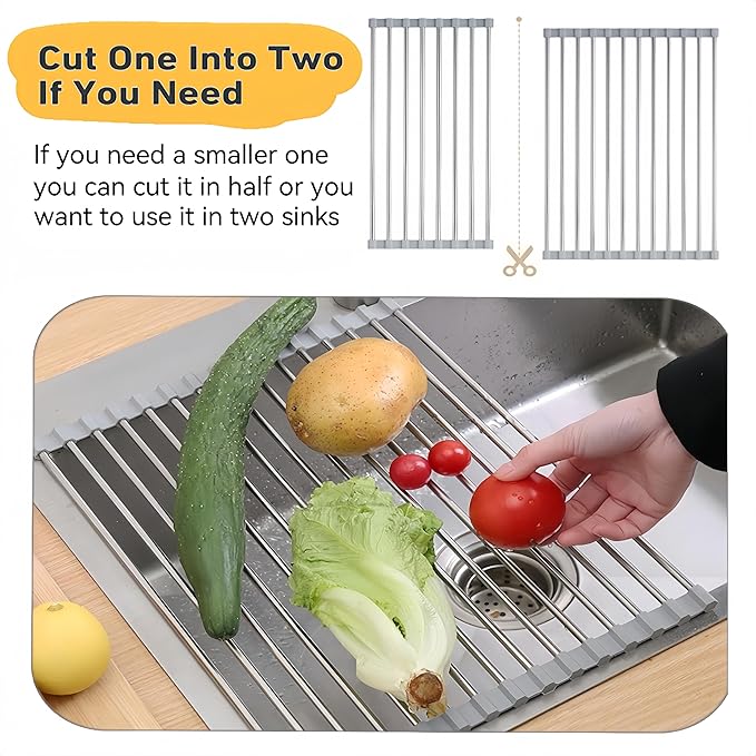 Roll Up Dish Drying Rack, 17.7" x 15.8" Over The Sink Dish Drying Rack, Kitchen Dish Rack Foldable Dish Drainer, Stainless Steel Dish Drying Rack for Kitchen Sink Counter Storage (Grey)