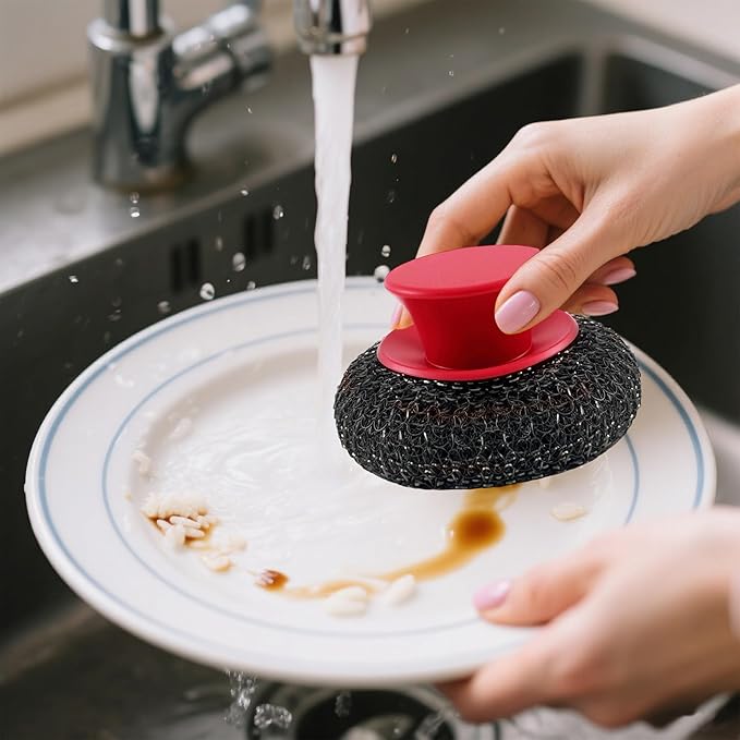 Stainless Steel Wool Scrubber with Rubber Handle & 2 Pads for Cleaning Dishes, Kitchen Pots, Pans, Grills (Red)