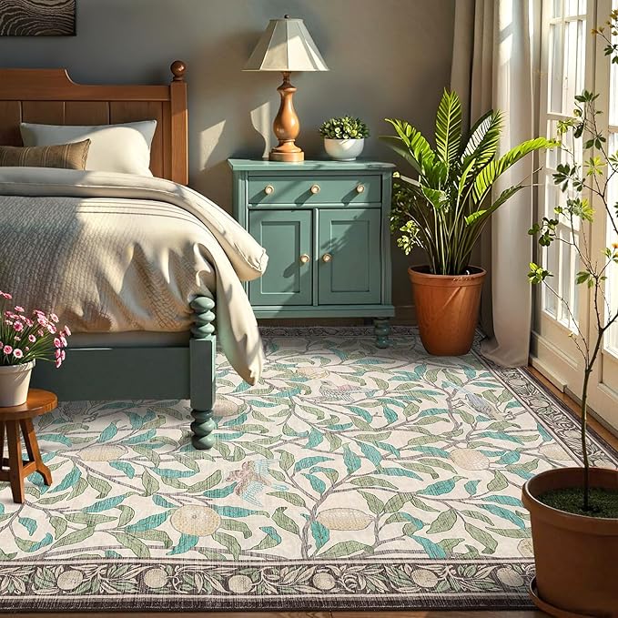 GarveeHome Boho Leaf Rugs for Bedroom, 5x7 Area Rugs for Living Room with Soft Low Pile, Non Slip Botanical Bird 5x7 Washable Rug for Dining Stain Resistant Indoor Beige Carpet for Playroom Dorm