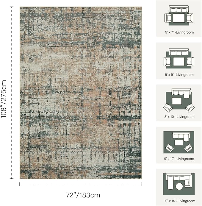6x9 Washable Area Rug for Living Room, Modern Abstract Large Boho Rugs for Office, Dining Room, Kids Room, Farmhouse, Durable Low Pile Non Slip Carpet for High Traffic Areas, Moss