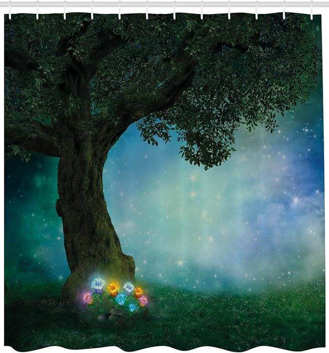 Ambesonne Forest Shower Curtain, Little Red Riding Hood Woodland at Night Flowers and Stars Image Print, Cloth Fabric Bathroom Decor Set with Hooks, 69" W x 75" L, Multicolor Forest Green
