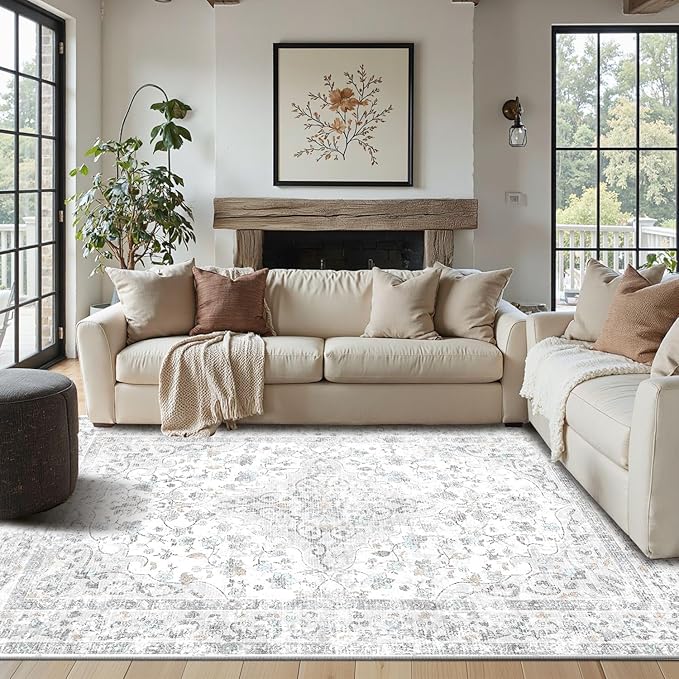 4x6 Area Rugs for Living Room, Bedroom, Small Washable Grey Rugs, Entryway Non Slip Rug, Neutral Floral Vintage Boho Soft Indoor Carpet for Nursery, Bathroom, Office
