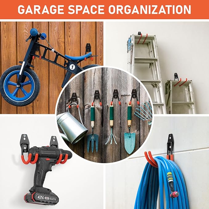 42 Pack Garage Hooks Heavy Duty, Rust-Resistant Solid Steel Wall Mount Hangers for Hanging Ladders & Bikes, Non-Slip PVC Coating Tool Organizer, 5 Sizes U & J Shapes + 6 Straps