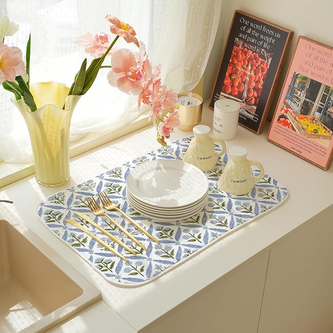 Blue Sage Green Block Print Dish Drying Mats 18x24 Inch Blue Green Vintage Spring Floral Drying Mats Summer Outdoor Decorations Absorbent Drying Dish Mats for Kitchen Dining Room Counter Decor