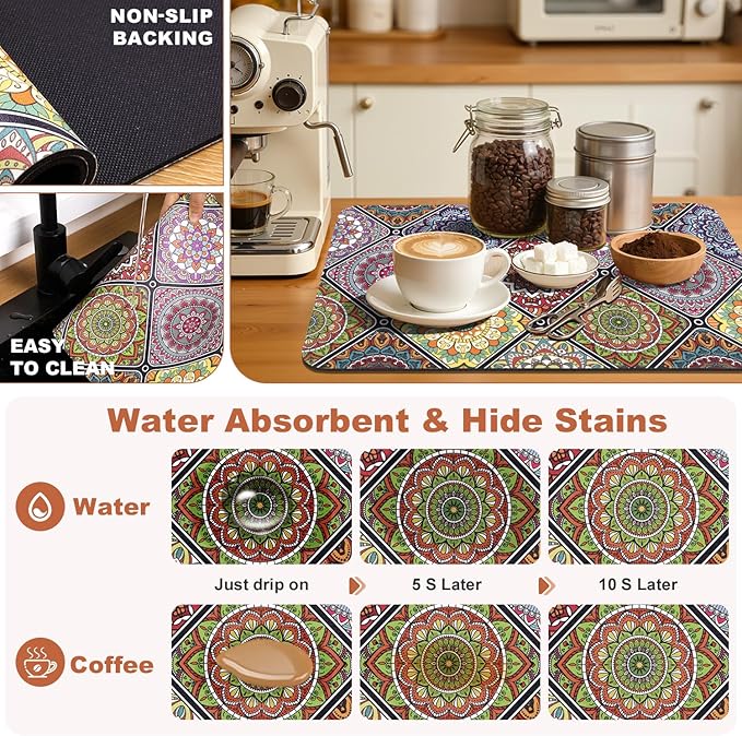 Yamaziot Boho Coffee Mat 12"x20", Floral Dish Drying Mat for Kitchen Counter, Non Slip Coffee Bar Accessories Espresso Machine Dish Rack