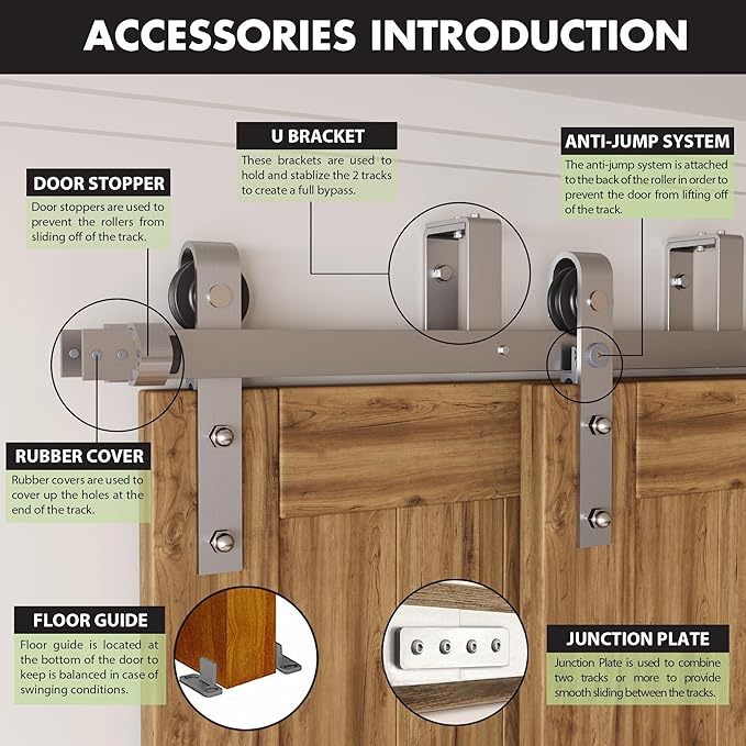 Homacer Brushed Nickel Double Track U-Shape Bypass Sliding Barn Door Hardware Kit, for Four Doors, 14ft Long Flat Track, Classic Design Roller
