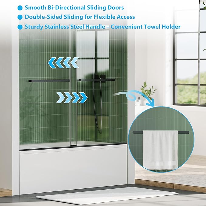 Bathtub Shower Door, 60" W x 59" H Sliding Shower Door for Standard 60 Inch Bathtubs, 1/4" (6mm) SGCC Tempered Glass with Matte Black Finish and 304 Stainless Steel Hardware