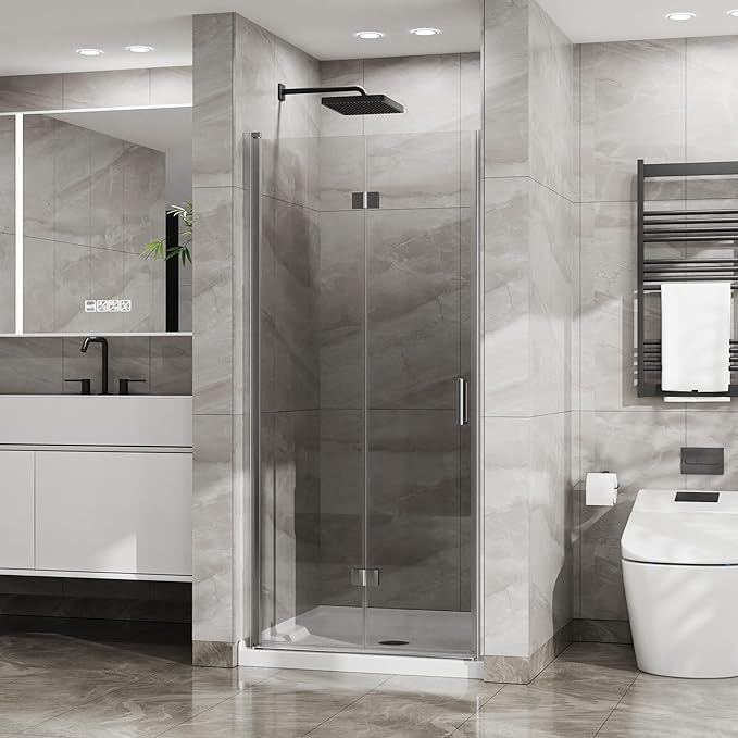 Frameless Bi-Fold Shower Door 34" W x 72" H, 1/4" Clear Tempered Glass, Folding Swing Design, Reversible Installation, Chrome Finish, Space-Saving Glass Shower Door for Small Bathrooms