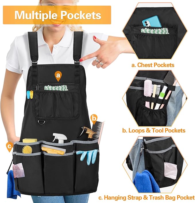 Extra-Large Cleaning Caddy & Large Apron, Organizer with Handle & Apron with Dual Shoulder Straps For Cleaning Tools Storage, Black