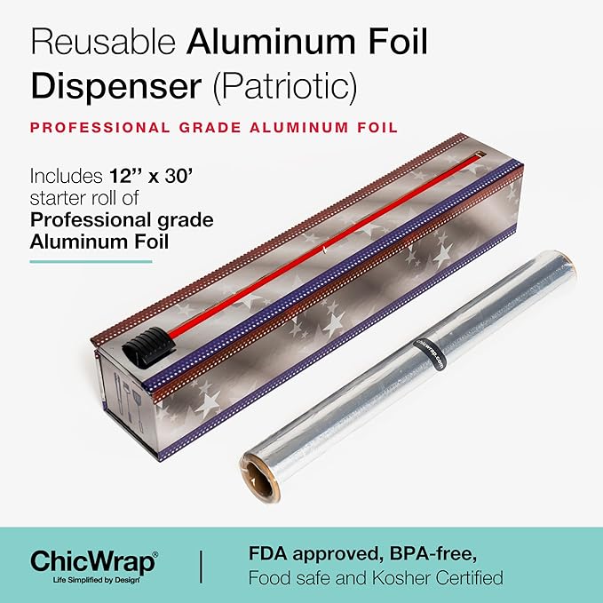 ChicWrap Patriotic Refillable Foil Dispenser - One 12"x 30' Roll of Professional Grade Aluminum Foil - Reusable Dispenser w/Slide Cutter - Kosher Certified - Reduces Waste & Saves Money