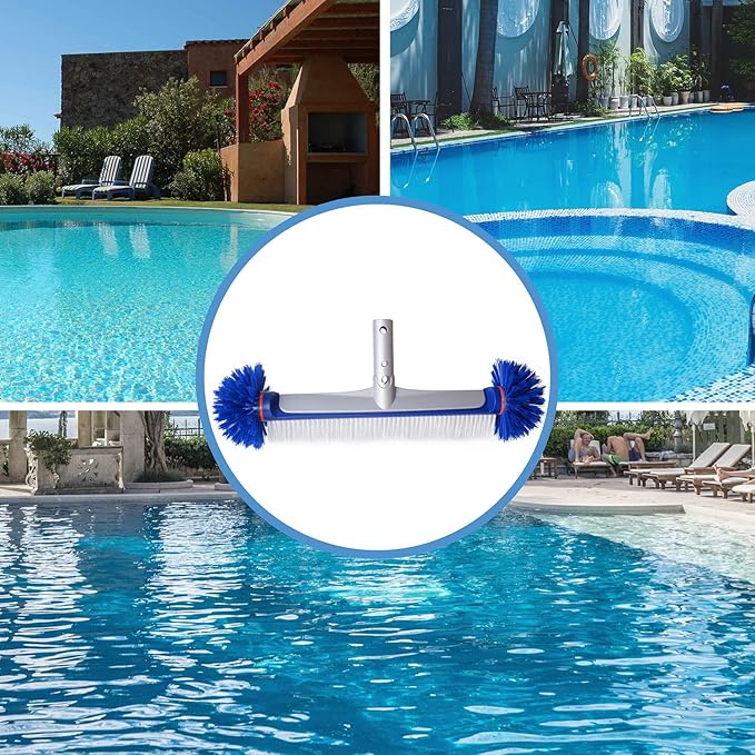 Professional Swimming Pool Brush Head, 17.5'' Aluminum Heavy Duty Pool Brushes for Cleaning Pool Walls, Tiles & Floors, Premium Nylon Bristles Brush with EZ Clips (Round Edge)