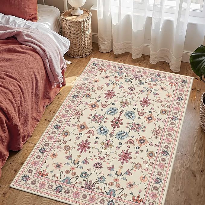 Floral Entryway Rug, 3x5 Washable Area Rug, Pink Boho Throw Rugs, Non Slip Low Pile Small Carpet for Bedroom, Girls Kids Room and Nursery Room(Pink 3x5ft)