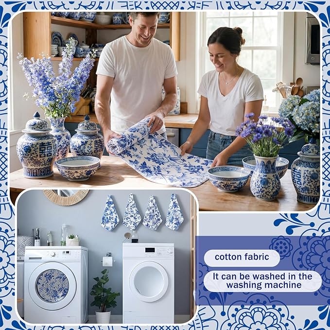 Tinlade 36 Pack Blue and White Floral Reusable Cleaning Cloths Washable Kitchen Towels Bulk Absorbent Cotton Dish Towels for Home Kitchen Cleaning Supplies