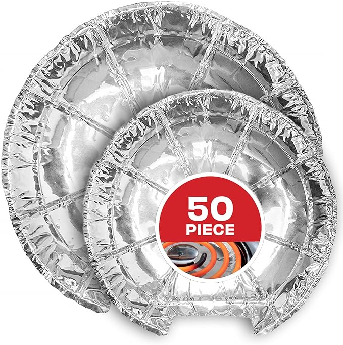 Round Electric Stove Burner Covers (50 Pack) 6 Inch and 8 Inch Disposable Stove Top Aluminum Foil Bib Liners, to Keep Kitchen Range Clean from Oil and Food Drips, Stock Your Home