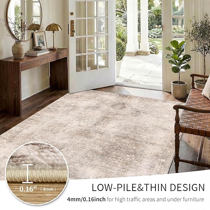 2x3 Beige Brown Entryway Rug, Small Neutral Area Rugs For Kitchen,Bedroom,Laundry, Vintage Washable Entry Doormat,Indoor Hallway Distressed Throw Rug, Low Pile Carpets For Bathroom Dorm Office