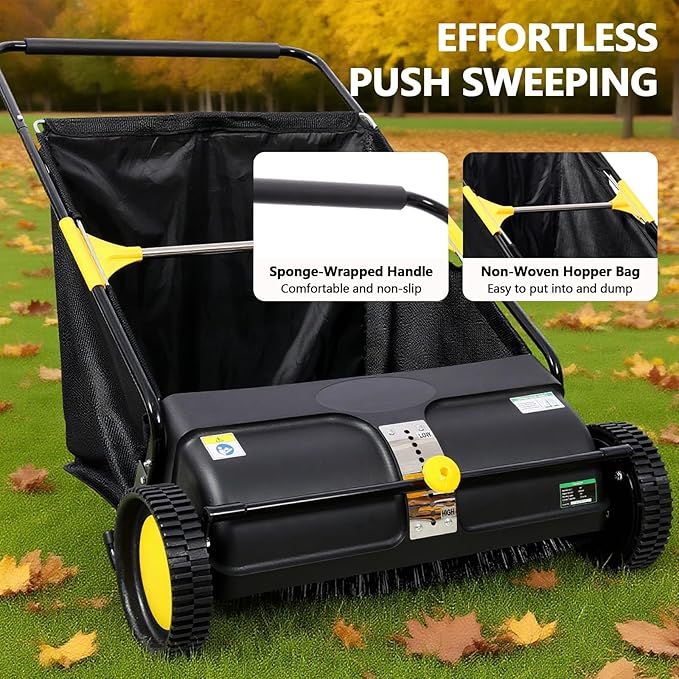 2026 Upgraded 26 Inch Push Lawn Sweeper | 4 Spinning Brushes & Adjustable Height for Deep Cleaning | Large 3.5 cu ft Bag for Leaves, Grass, Debris on Lawns & Driveways (26 Inch,Black)