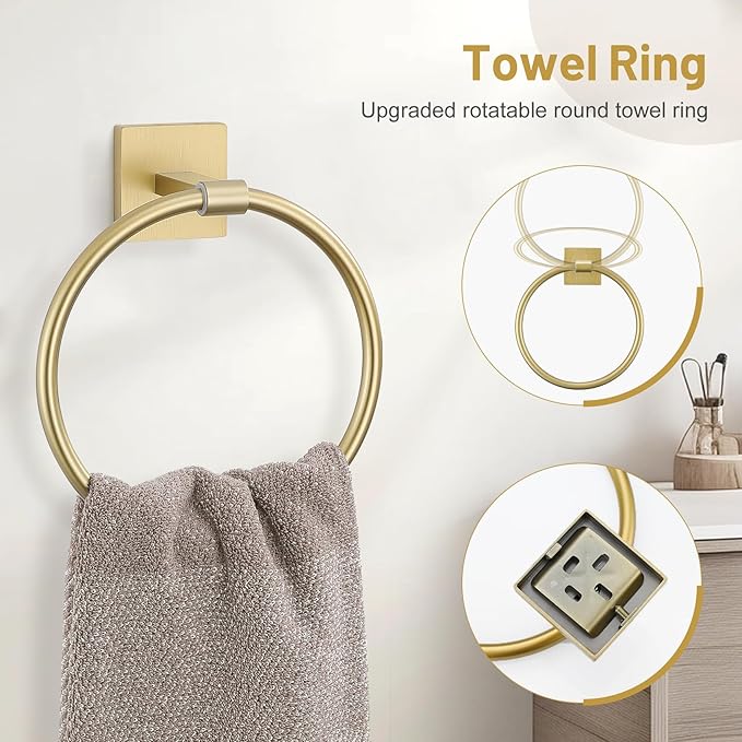 Towel Ring Set 4 Piece Bathroom Hardware Set Includes Towel Ring 2 Towel Hooks and Toilet Paper Holder Stainless Steel Wall Mounted (Brushed Gold)