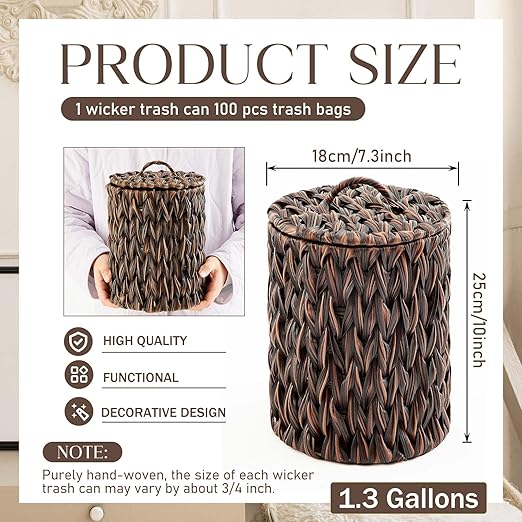 Ctosree 1.3 Gallons Small Trash Can with Lid Handle Boho Woven Braided Bathroom Waste Basket Trash Can with 100 Garbage Bags for Bedroom Office Laundry (Dark Brown,Braided Polypropylene,Round)