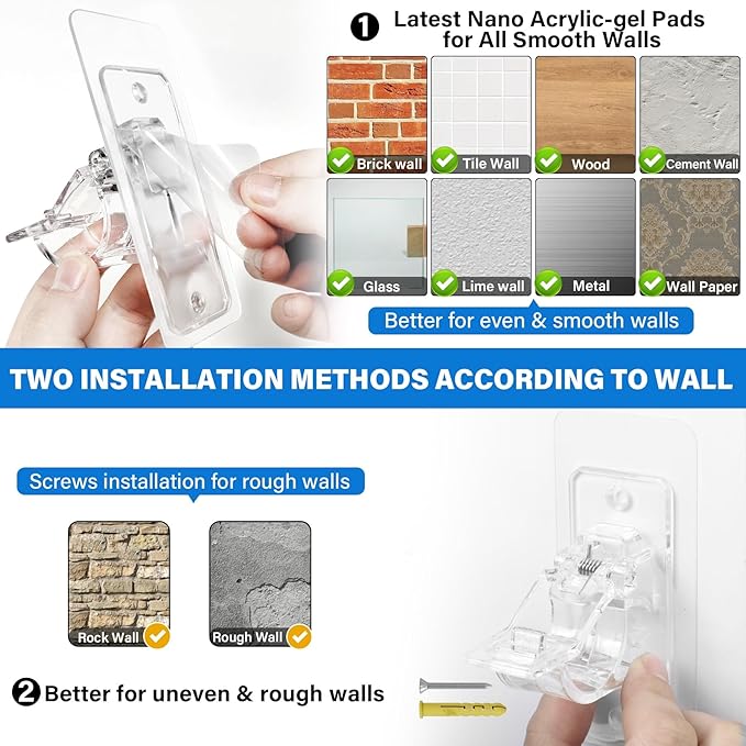 24-Pack No Drill Needed Curtain Rod Holders Brackets, Self Adhesive Rod Holder Hooks, Multipurpose Nail Free Stick on Curtain Rod Hooks, Curtain Hangers for Dorm, Bathroom, Bedroom, Livingroom Decor