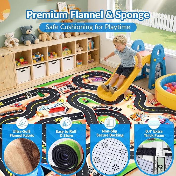 Kids Rug, Race Track Baby Play Mats, 5x7 FT Race Car Rug with 3D Cascading Surround Route, Soft & Non-Slip, Machine Washable Race Road Carpet for Kids Room, Boys Room, and Playroom
