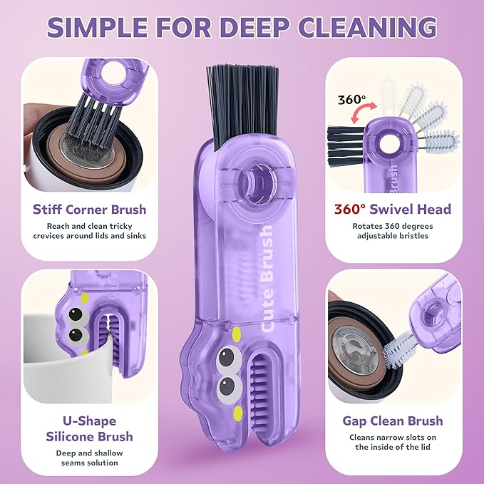 Cup Lid Cleaning Brush, 3 in 1 Lid Cleaner for Tumblers and Water Bottles, Gap Cleaning Brush with Straw Hole Detail Tool, Multifunctional Brush for Daily Use (Pink Purple)