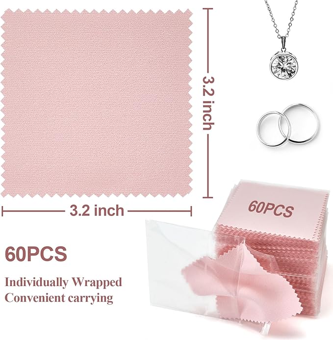 60PCS Jewelry Cleaning Cloth, Professional Polishing Cloth Individually Wrapped, Pink Silver Polishing Cloth for Jewelry Sterling Silver Gold Platinum Watch Coins and More (3.15" x 3.15")