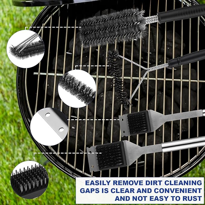 4 Pcs 304 Stainless Steel BBQ Grill Brush, 16.5” & 14” Wire BBQ Brush & Scraper, 15" Three-Head and 12" Three-Sided Brushes for Outdoor Grill Accessories, Ideal Gift for Men/dad