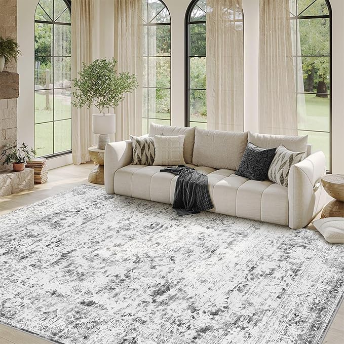 Area Rugs 5x7, Washable Grey Rugs for Living Room, Bedroom, Vintage Boho Indoor Soft Carpet for Dining Room, Low Pile Rugs for Office, Farmhouse
