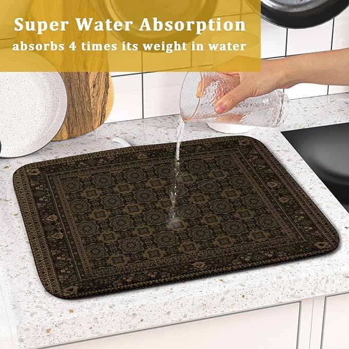 Brown Antique Tabriz Rug Dish Drying Mat for Kitchen Counter,Retro Turkish Vintage Floral Block Print Drying Mat 16 x 18 Inch with Absorbent Reversible Microfiber Drying Pad for Coffee Bar