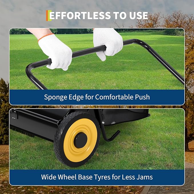 Garvee 26 in Heavy-Duty Push Lawn Sweeper - 4 Spinning Brushes, 7Ft³ Large Capacity Collection Bag, Adjustable Height for Grass, Leaves & Debris On All Terrains