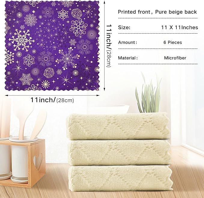 Dish Towels Kitchen Cleaning Cloths Winter Violet Purple With Gold Snowflakes Christmas Dish Cloths Super Absorbent Kitchen Towels Lint Free Bar Tea Soft Towel Kitchen Accessories Set of 6,11"x11"