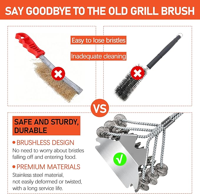 Grill Brush with Scraper - 18" Enhanced Coil Grill Cleaning Brush, Safe Long Handle BBQ Brush for Grill for Gas and Charcoal Grates