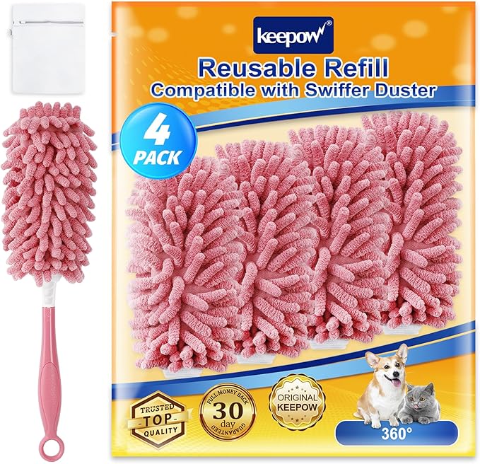 KEEPOW 4 Pack Pink Duster Refills Compatible with Swiffer Hand Duster, Reusable Microfiber Pads Compatible with Swiffer Dusters Refills, Heavy Duty Dusting for Furniture Blind(Handle is Not Included)