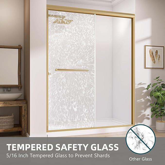 GETPRO Shower Door 56-60 in. W x 75 in. H Semi-Frameless Double Sliding Glass Shower Doors Bypass Glass Door for Walk-in Shower with 5/16 inch Tempered Glass Brushed Gold Hardwares