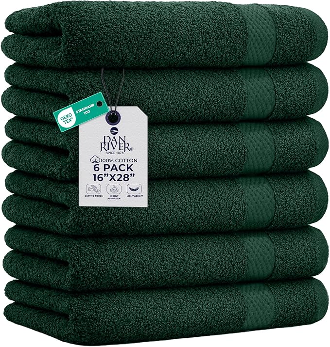 DAN RIVER 6-Pack Premium Hand Towels (16x28 Inches) - 100% Cotton, Ultra Soft, Lightweight, Highly Absorbent Towels for Bathroom, Spa, Gym, Salon, Hotel, and Travel - Hunter Green