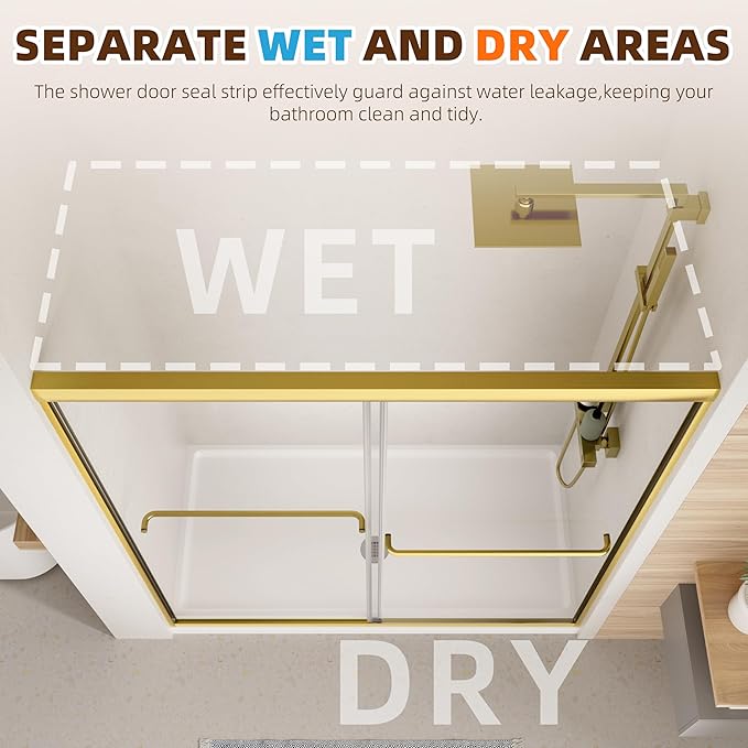 Shower Door,44-48" W x 70" H Semi-Frameless Double Sliding Glass Shower Door with 1/4'' (6mm) Clear SGCC Tempered Glass,Bypass Shower Enclosure,Brush Gold