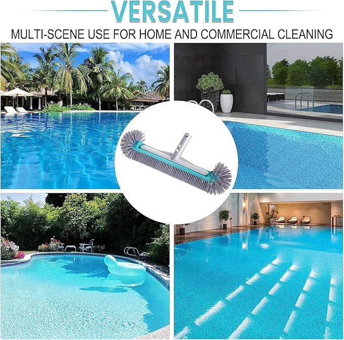 Swimming Pool Brush Head with Round Ends，17.5" Heavy Duty Aluminum Back Head for Cleans Walls, Tiles & Floors, 7 Rows Premium Nylon Bristles with EZ Clips (Blue Grey)