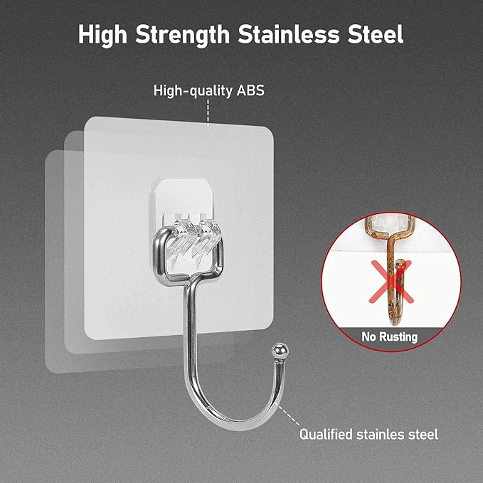 Stainless Steel Large Adhesive Hooks (8 pcs) - 22Ib/10KG Max, Waterproof & Rustproof for Heavy Duty Use in Kitchen, Bathroom, Home & Office
