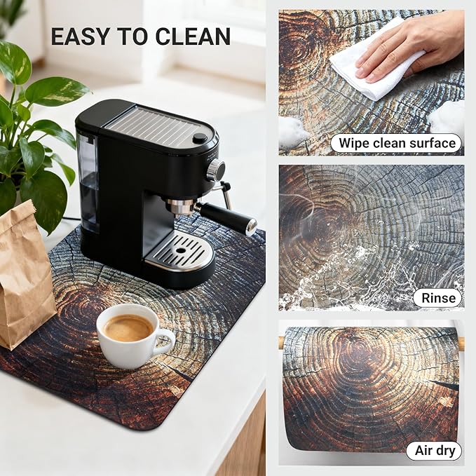 Coffee Drip Mat 20x12 Inch, Wood Grain Stump Design, Absorbent Hide Stain Rubber Backed Dish Drying Mat for Kitchen Counter, Bar Mat for Countertops, Under Coffee Maker Machine Pot Espresso Machine