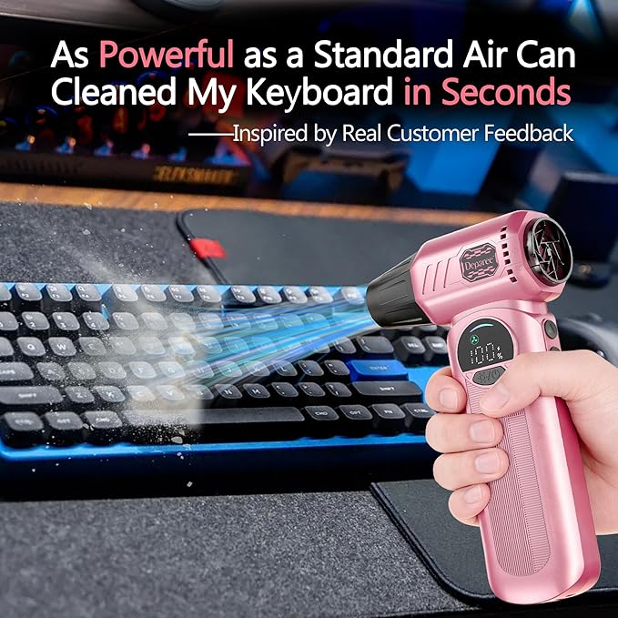 Air Duster, Compressed Air Duster Pink, Rechargeable Cordless with Adjustable Speed, LED Light & 8000mAh Battery, 150000 RPM for Keyboard, PC & Car Cleaning