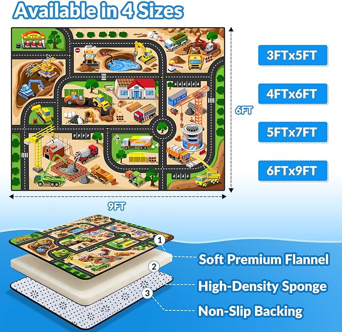 Kids Rug, 6x9 FT Construction Site Car Rug Play Mat, Soft & Durable, Non-Slip, Machine Washable, Cartoon Construction Site Pattern Car Carpet Playmat for Kids Room, Playroom & Nursery